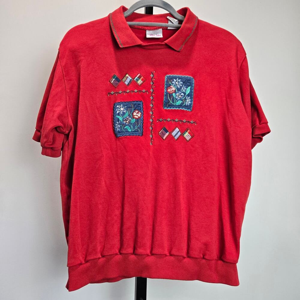 TanJay Women Red Floral Embroidered Patchwork Short Sleeve Polo Sweater L